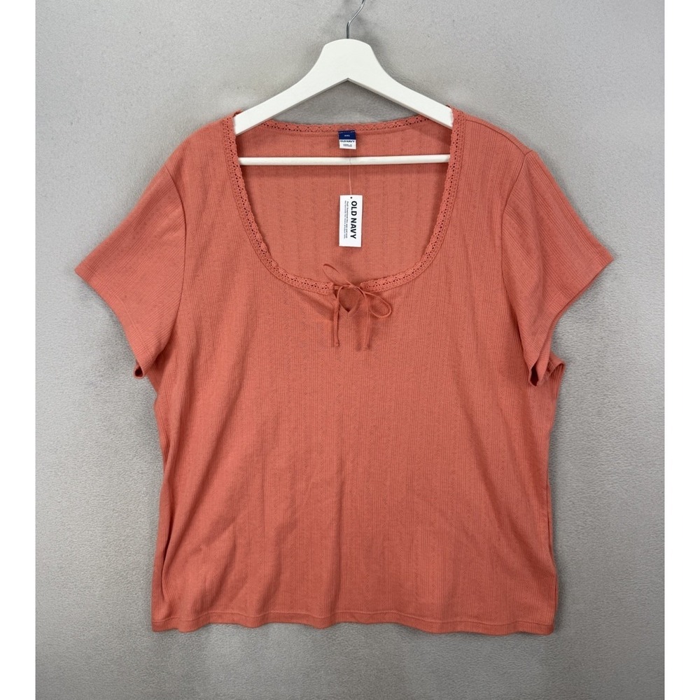 Old Navy 2XL Coral Ribbed Pointelle Top Lace Scoop Neck Keyhole Tie Tee